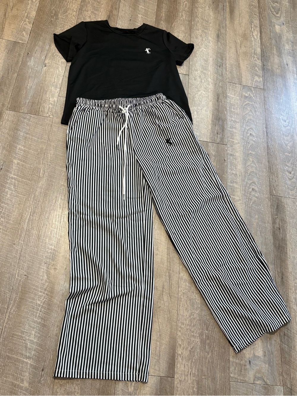 Black Tee with Striped Black & White Drawstring Pants